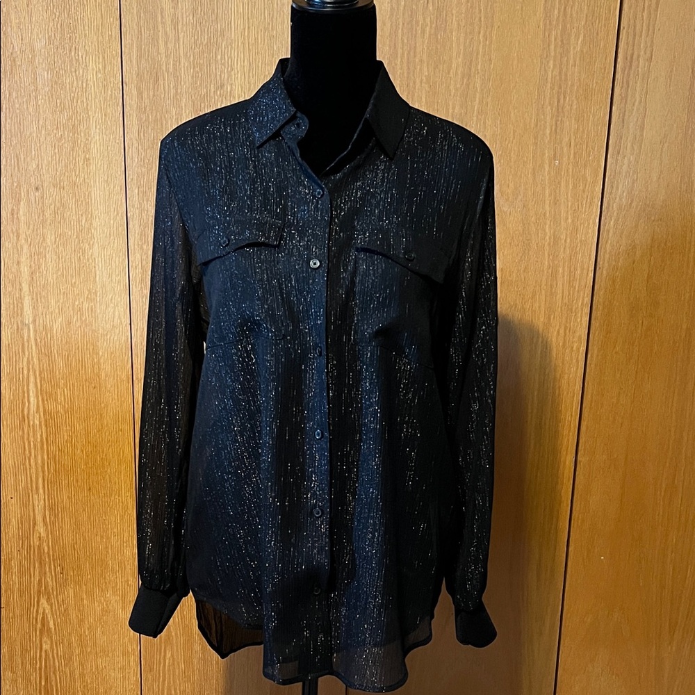 DKNY black with sparkles button down sheer shirt. Sz. XS. NWT!